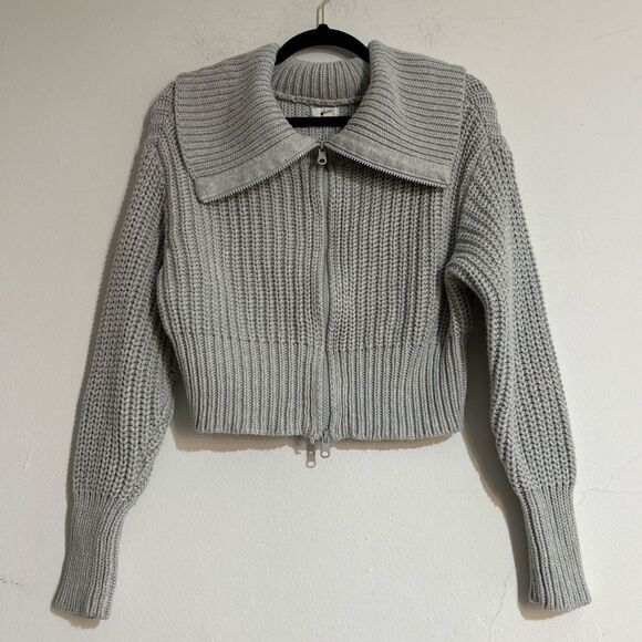 Aerie Double Zip Knit Foldover Grey Cardigan Sweater Size Medium Rugby Cozy - Picture 1 of 9
